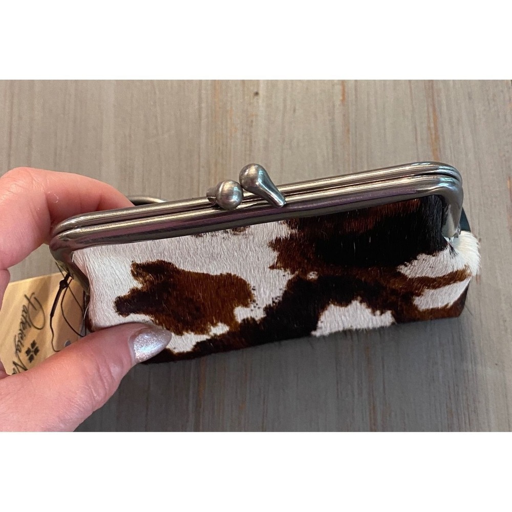 Patricia Nash Cow Print Calf Hair Leather Kiss Lock Coin Purse Keychain Black - Picture 2 of 11